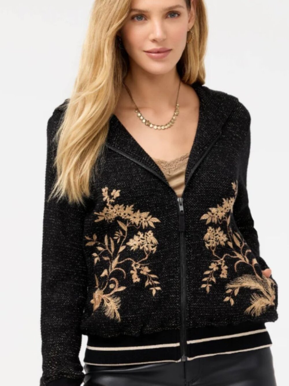 New L Johnny Was Molly Black Gold Metallic Embroidered Thermal Zip Up Hoodie